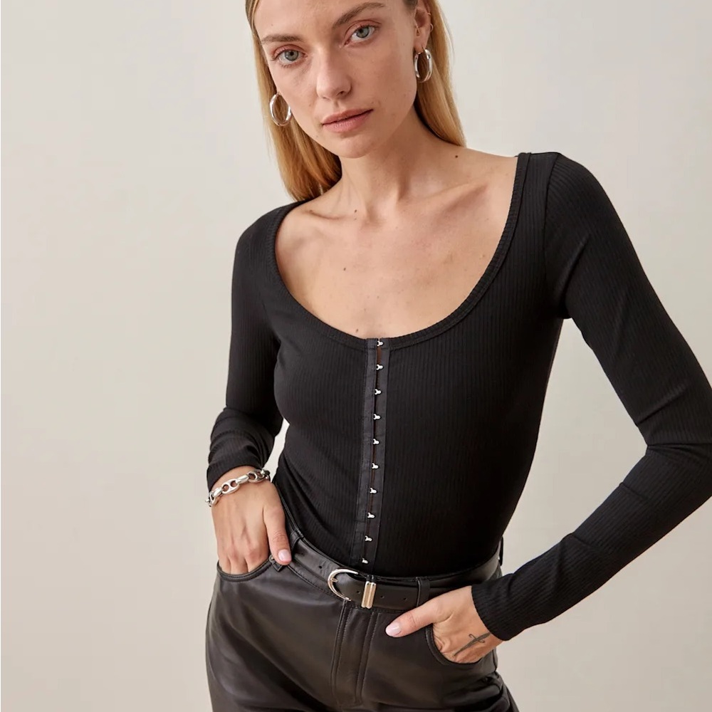 Reformation Daniels Black Hook and Eye Long Sleeve Top